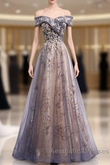 Beautiful Off Shoulder Tulle With Lace Long Evening Gown, Floor Length Evening Prom Dresses
