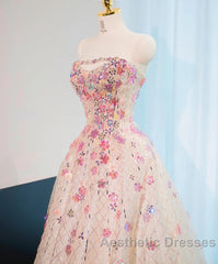 Beautiful Pink Beaded Flowers A-Line Strapless Long Evening Prom Dresses Gorgeous Formal Evening Dresses