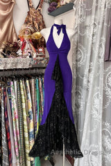Beautiful Purple V-Neck Lace Mermaid Long Evening Prom Dresses Backless Birthday Party Dresses