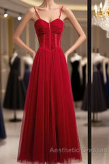 Beautiful Wine Red Tulle Long Straps Party Dresses Evening Prom Dresses, A-Line Dark Red Formal Gown