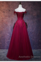 Beautiful Wine Red Tulle Sweetheart Long Evening Prom Dresses, A-Line Party Dresses
