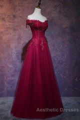 Beautiful Wine Red Tulle Sweetheart Long Evening Prom Dresses A-Line Party Dresses Elegant Evening Dresses