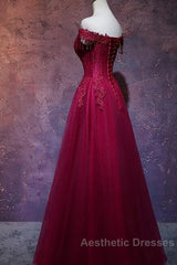 Beautiful Wine Red Tulle Sweetheart Long Evening Prom Dresses A-Line Party Dresses Elegant Evening Dresses