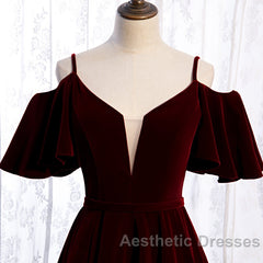 Beautiful Wine Red Velvet Off Shoulder Floor Length Party Dresses, Velvet Junior Evening Prom Dresses