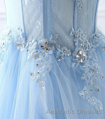 Light Blue Tulle Lace Long Evening Prom Dresses, Formal Dresses