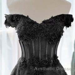 Black A-Line Lace Off Shoulder Tulle With Lace Evening Prom Dresses, Black Long Evening Dresses