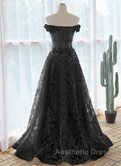 Black A-Line Lace Off Shoulder Tulle With Lace Evening Prom Dresses, Black Long Evening Dresses