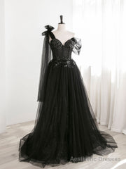 Black A line one Shoulder Tulle Long Prom Dresses, Black Tulle Formal Dresses