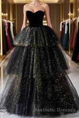Black  A-Line Tulle Shiny Tulle Long Evening Prom Dresses, Black Tulle Formal Dresses