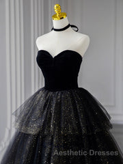 Black  A-Line Tulle Shiny Tulle Long Evening Prom Dresses, Black Tulle Formal Dresses