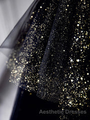 Black  A-Line Tulle Shiny Tulle Long Evening Prom Dresses, Black Tulle Formal Dresses