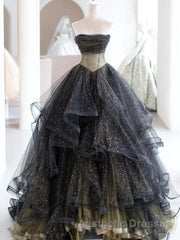 Black Ball Gown Long Evening Prom Dresses, Black Evening Dresses