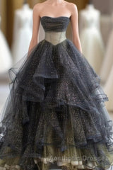 Black Ball Gown Long Evening Prom Dresses, Black Evening Dresses