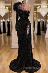 Black Evening Dresses High Neck Side Split Long Sleeve Mermaid Evening Prom Dresses Feather Beaded Sexy Special Occasion Gowns