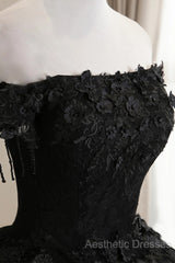 Black Off Shoulder Sweet 16 Formal Dresses With Lace, Black Long Evening Prom Dresses