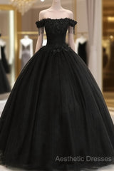 Black Off Shoulder Sweet 16 Formal Dresses With Lace, Black Long Evening Prom Dresses