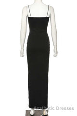 Black Party Dresses, Gorgeous Spaghetti-Straps Mermaid Evening Prom Dresses Long With Split Evening gowns