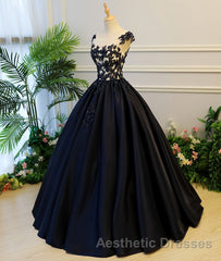 Black round neck satin long Evening Prom gown, black evening Dresses