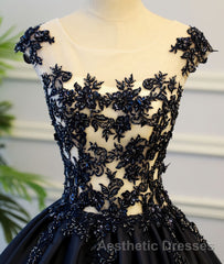 Black round neck satin long Evening Prom gown, black evening Dresses