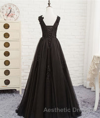 Black round neck tulle lace long Evening Prom Dresses, black evening Dresses