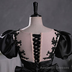 Black Satin A-line Floor Length Long Party Dress with Lace, Black Long Formal Dress