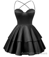 Black Satin Homecoming Dresses Sweetheart Neck Tiered Short Graduation Dresses
