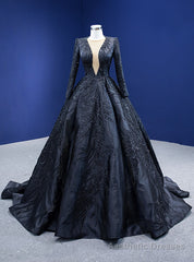 Black Satin Long Sleeve Sequins Prom Dress