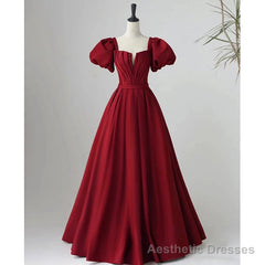 Black Satin Puffy Sleeves Long Evening Party Dress, Black Long Prom Dress
