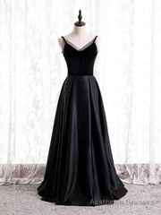 Black Satin Spaghetti Straps Prom Dress