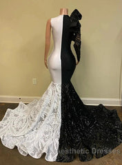 Black Sequin Trumpet Mermaid Long Sleeve Evening Prom Dresses