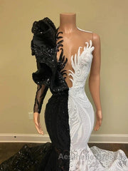 Black Sequin Trumpet Mermaid Long Sleeve Evening Prom Dresses