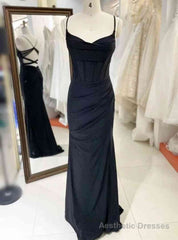 Black Sheath Spaghetti Straps Pleats Prom Dress