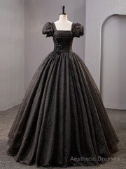 Black Square Neckline Tulle Long Prom Dresses, Shiny Tulle Black Evening Dress