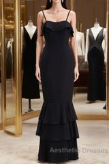 Black Straps Ruffle Multi-Layer Chiffon Maxi Dresses