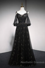 Black Straps Tulle Long Party Dresses With Sleeves Evening Dresses, Black A-Line Evening Prom Dresses Party Dresses