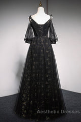Black Straps Tulle Long Party Dresses With Sleeves Evening Dresses, Black A-Line Evening Prom Dresses Party Dresses