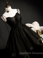Black Straps Tulle Short Homecoming Dresses Evening Prom Dresses, Little Black Party Dresses
