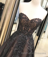 Black sweetheart neck tulle lace long Evening Prom Dresses, black evening Dresses