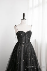 Black Tulle Long Prom Dress with Stars, Cute Spaghetti Straps Graduation Dress