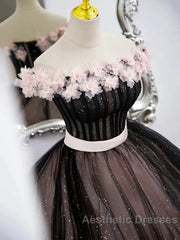 Black Tulle & Pink Flowers Sparkle Evening Prom Dresses
