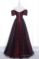 Black Tulle Short Sleeve Formal Evening Dress, Off the Shoulder Prom Dress