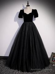 Black Tulle Velvet Short Sleeve Prom Dress