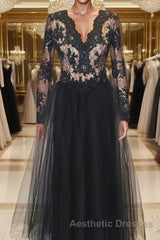 Black v neck lace tulle long evening Dresses black lace Evening Prom Dresses