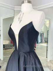 Black v neck satin long Evening Prom Dresses, black evening Dresses
