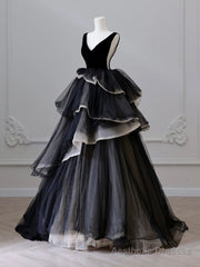 Black V Neck Tulle Velvet Long Prom Dress, Black Long Formal Dress