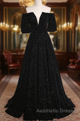 Black V-Neckline Velvet Off Shoulder Party Dresses, A-Line Black Evening Prom Dresses Evening Dresses