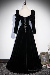 Black Velvet Long Sleeve Prom Dress, A-Line Evening Party Dress
