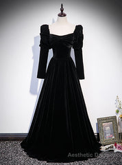Black Velvet Square Bow Long Sleeve Prom Dress