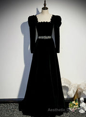Black Velvet Square Long Sleeve Prom Dress With Belt
