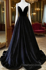 Black Velvet Straps V-Neckline Long Party Dresses, A-Line Velvet Evening Prom Dresses